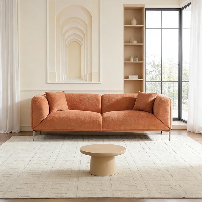 82.7" Modern Couch Boucle 3 Seater Sofa, Upholstered Minimalist Curved Sofas with Metal Legs, Cozy Luxury Deep Seat Memory Foam Couches for Living Room Bedroom Home Office Apartment, Orange