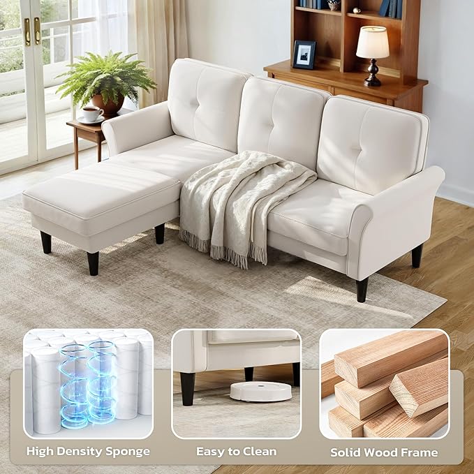 Welzona Sectional Couches for Living Room, 83" Velvet Modern 3 Seater Sofa, L Shaped Couch with Ottoman, Small Sectional Couch Sofas for Living Room, Bedroom, Apartment, Office, Beige Sofa