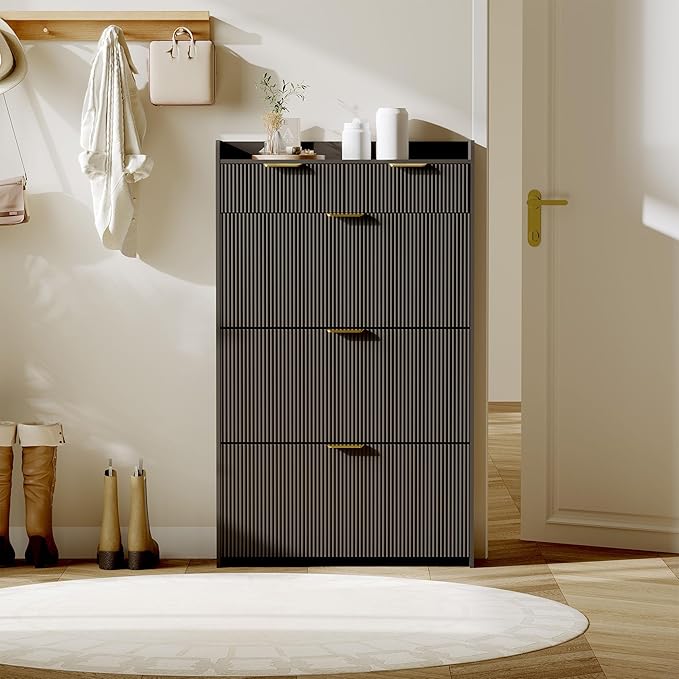 IDEALHOUSE Modern Natural Shoe Cabinet with 3 Flip Drawers & 2 Small Drawers & Hook, Slim Fluted Shoe Storage Organizer, Narrow Entryway Cabinet for Apartment, Hallway, Entrance ((Black Color))
