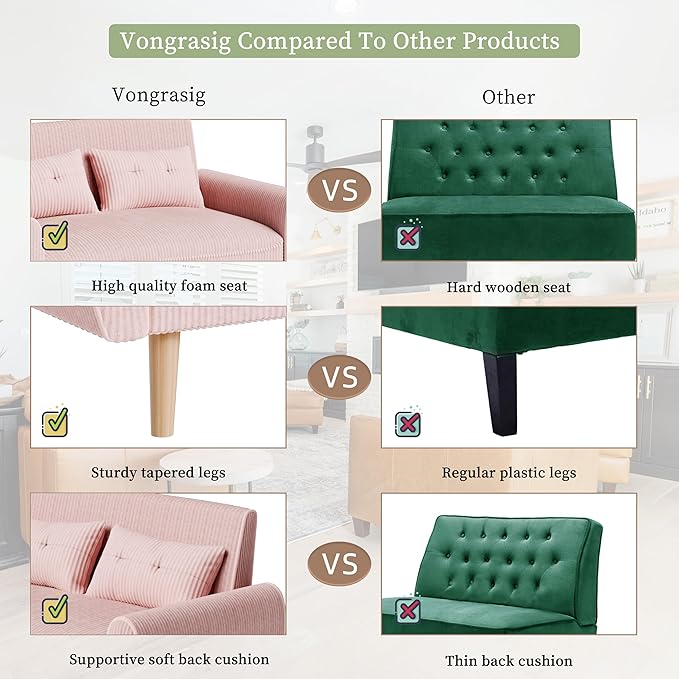 Vongrasig 47" Small Modern Loveseat Sofa, Mid Century Soft Corduroy Fabric 2-Seat Sofa Couch Tufted Love Seat with Back Cushions and Tapered Legs for Living Room, Bedroom and Small Space (Pink)