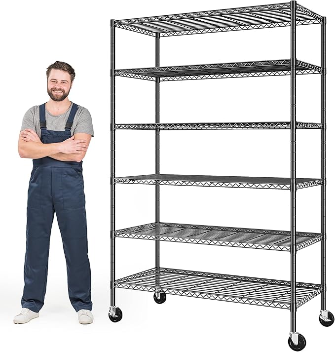 Romorgniz 82" H X45 W X18 D Storage Shelves with Wheels, 6 Tier Wire Shelving Adjustable Metal Shelving Pantry Shelves Capacity 2100LBS for Garage Shelving, Pantry, Kitchen, Closet, Commercial, Black