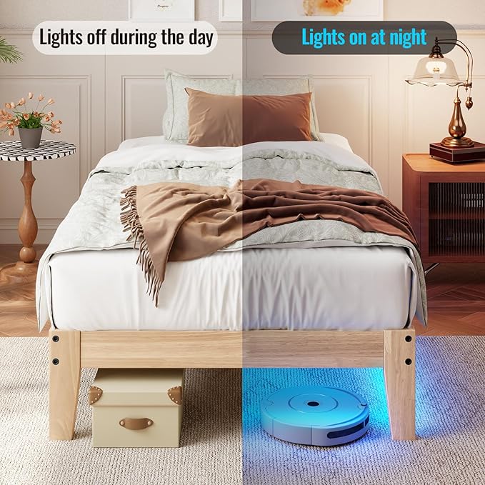 Twin XL Size Solid Wood Platform Bed with Led Light - Noise-Free Design with Metal and Wood Slat Support, No Box Spring Needed, Easy Assembly, Natural Wood Finish