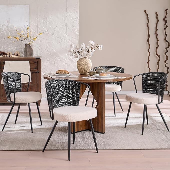 BedsPick Rattan Dining Chair Set of 4 - Farmhouse Upholstered PE Rattan Kitchen Chair with Boucle Cushion, Wingback Dining Room Seat with Cane Back and Metal Legs for Home, Kitchen (Black)