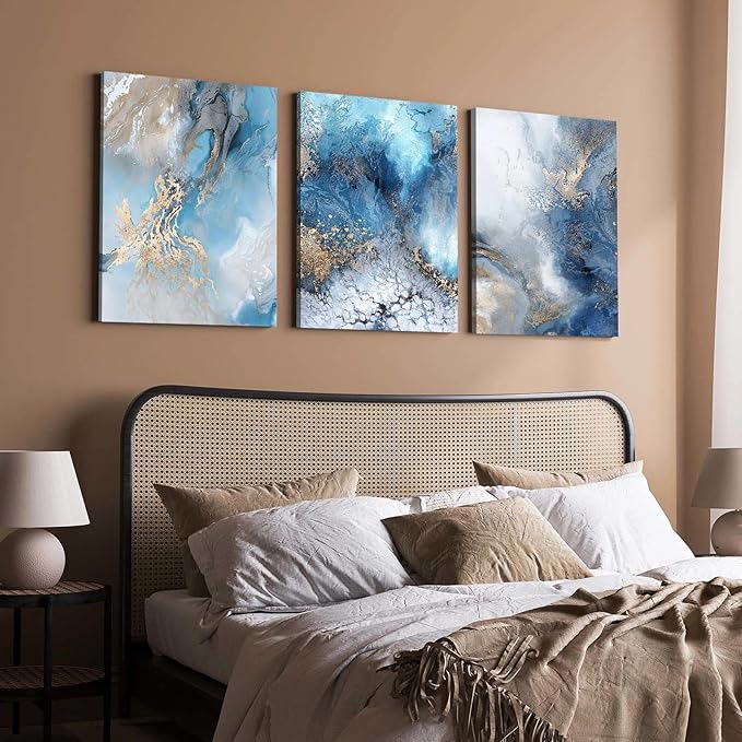 3 Piece Canvas Wall Art, Modern Abstract Blue and Gold Marble Ink Framed Wall Decor for Living Room Bedroom Office, 12x16 Inch, with Hooks and Nails