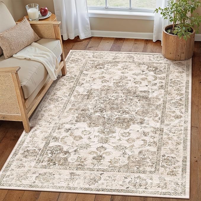 4x6 Washable Neutral Area Rug Brown Vintage Entryway Office Carpet Non-Slip Soft Low Pile Farmhouse Indoor Throw Rug for Living Room Bathroom Dining Room