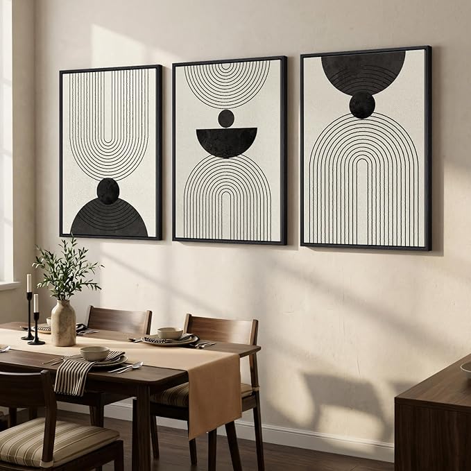 Large Framed Boho Abstract Wall Art for Living Room, 3 Piece Black and White Modern Minimalist Canvas Artwork for Walls, Bauhaus Geometric Prints Wall Decor for Bedroom Dining Room Office, 24x36 Inch