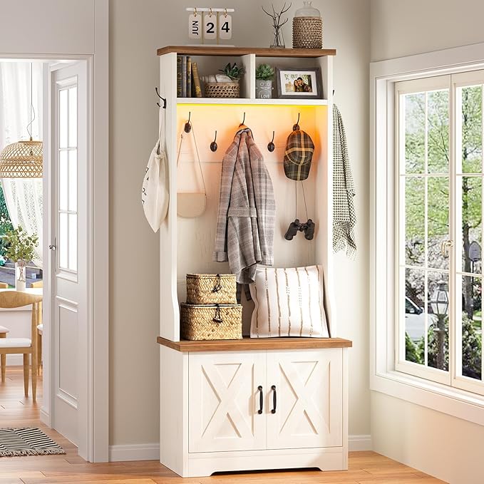 CSZZD Hall Tree with Bench and Shoe Storage, Entryway Bench with Coat Racks and Led Lights, Farmhouse Small Hall Tree with Shoe Cabinet, 7 Coat Hooks, 6 Storage Cubbies, Adjustable Shelf