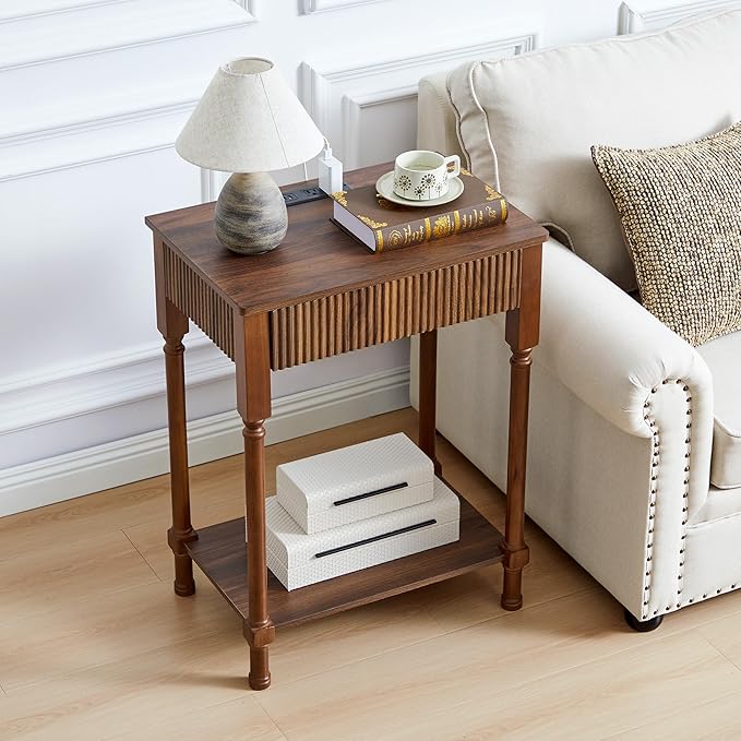 XUZENEST Fluted Nightstand with Charging Station, 23.6” Large Bed Side Table End Table with Drawer, Modern Mid Century Solid Wood Legs Night Stands Bedside for Bedroom Living Room Sofa Office, Walnut