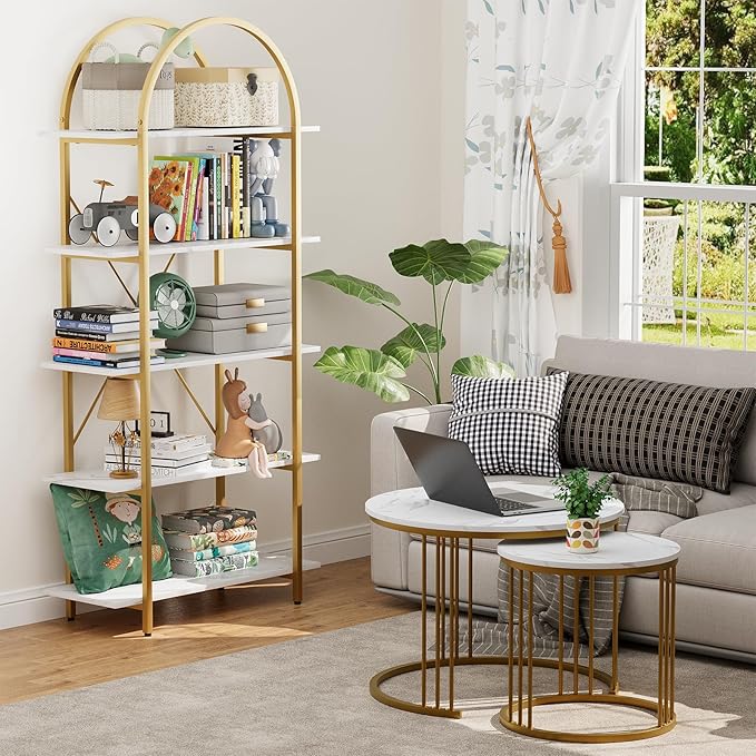 Arbuxzuy Arched Bookshelf 5 Tier Book Shelf, 31.5 Inch Width Industrial Arch Bookcase, Curved Tall Bookshelf with Open Shelves for Home Office, Living Room, Bedroom, Gold