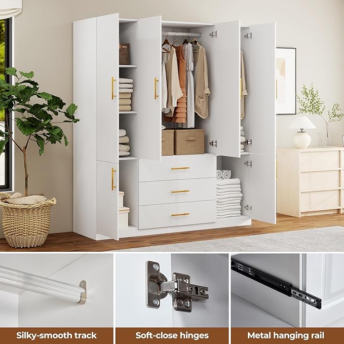 White Wardrobe Closet with Doors, 3 Drawers, Hanging Rods, Metal Handles, Large Capacity, Modern Minimalist Design, Textured Finish，Ideal for Bedroom 63.0" W x 20.47" D x 74.21" H (26)