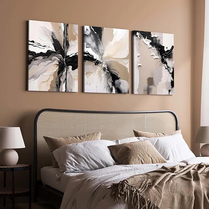 3 Piece Wall Art Framed Canvas Wall Art Modern Abstract Neutral Black White Beige Paint Splash Pictures Wall Decor for Living Room Bedroom Office Wal Decor Room Decor with Hooks and Nails 12x16 Inch
