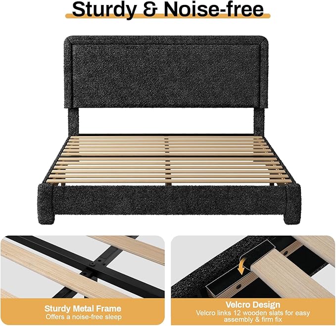 WEUP Queen Size Boucle Bed Frame, Upholstered Cloud Bed Frame with Adjustable Headboard, Soft Rounded Corners, No Box Spring Required, Easy Assembly, Black