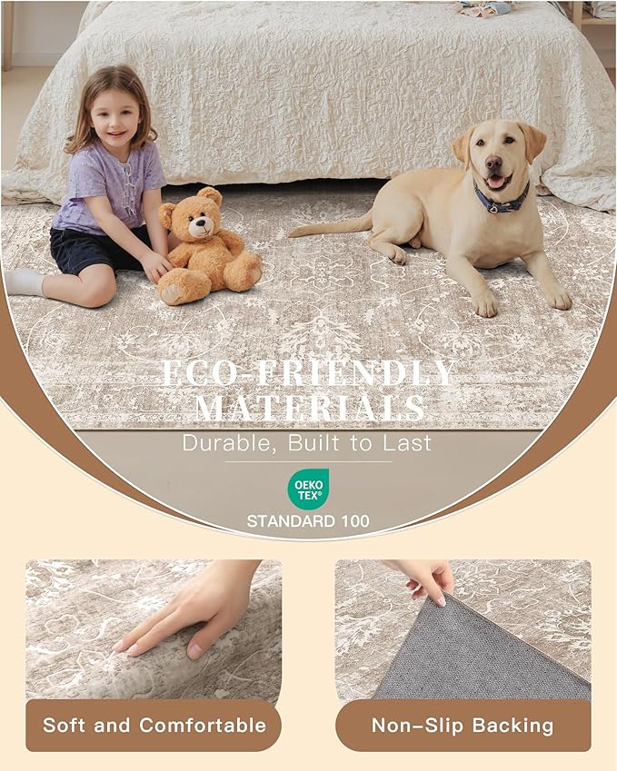 Madane Runner Rug 2x10 for Hallway, Kitchen Non-Slip Runner Rug with Rubber Backing, Vintage Soft Low Pile Throw Neutral Carpet Runner for Laundry Room Entryway Bathroom Bedroom (2 x 10, Brown/Sand)