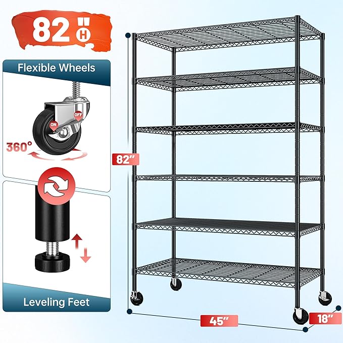 Romorgniz 82" H X45 W X18 D Storage Shelves with Wheels, 6 Tier Wire Shelving Adjustable Metal Shelving Pantry Shelves Capacity 2100LBS for Garage Shelving, Pantry, Kitchen, Closet,Black,3P
