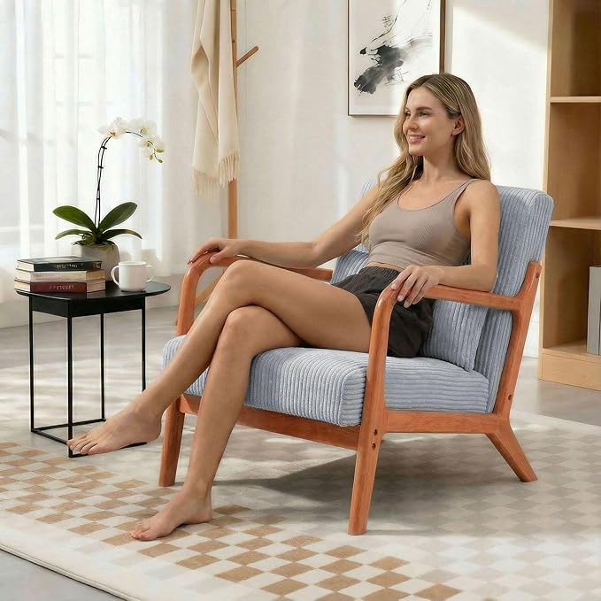 Set of 2 Mid Century Modern Accent Chair with Solid Rubberwood Frame, Comfy Corduroy Reading Armchair with Lumbar Pillow, Compact Lounge Chair for Bedroom, Nursery & Small Spaces, Light Grey