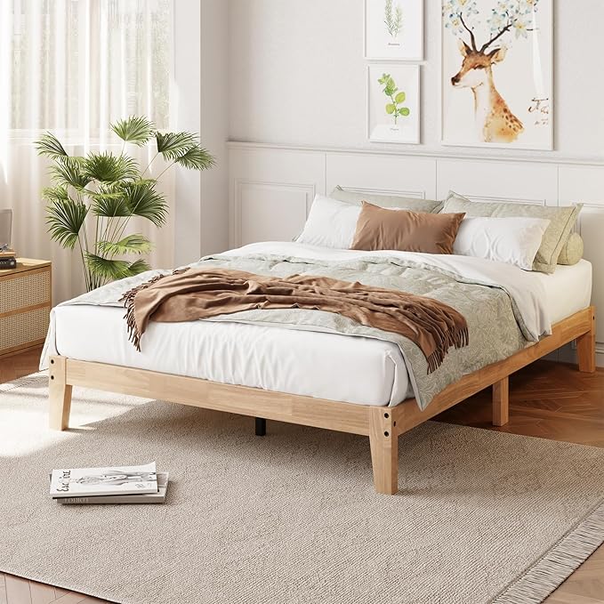 Queen Size Solid Wood Platform Bed - Noise-Free Design with Metal and Wood Slat Support, No Box Spring Needed, Easy Assembly, Natural Wood Finish