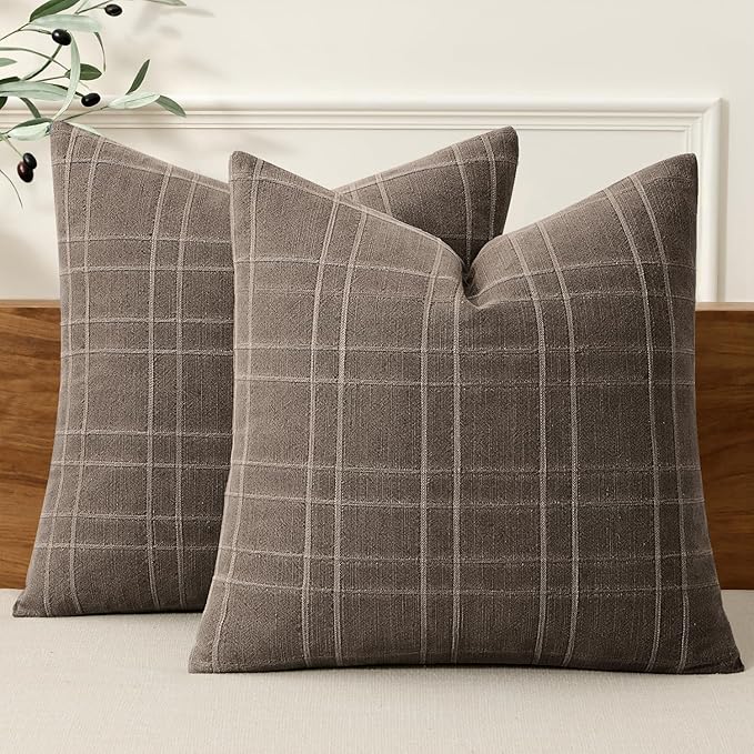 MIULEE Decorative Linen Check Euro Shams Throw Pillow Covers Neutral Farmhouse Vintage Pillow Covers 24x24 Set of 2 Boho Modern Winter Home Decor for Sofa Couch Bedroom Cushion Brown