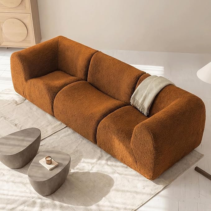 Curved Modular Single Sofa Chair, 33" Foam Boneless Sherpa Couch, Comfy Teddy sofas for Small Spaces, Modern Sectional Couches for Living Room, Bedroom, Apartment, Dorm, Office– No Assembly, Orange