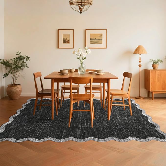 GarveeHome Scalloped Washable Rugs 9x12 Area Rug for Bedroom Modern Rug Non Slip Throw Rugs Large Living Room Rug Low Pile Soft Stain Resistant Carpet for Nursery Dining Room 9 ft x12 ft Black