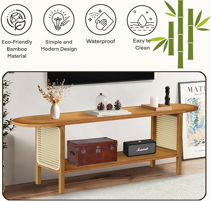 Bamboo TV Stand for TVs up to 65", Accent Entertainment Center with Storage, Media Console Table with Rattan, Modern TV Stand for Living Room, Bedroom, 55"(L), Walnut
