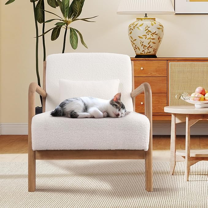 ANJ Mid Century Modern Accent Chair, Single Fabric Lounge Reading Armchair with Solid Wood Frame, Easy Assembly Arm Chairs for Living Room, White