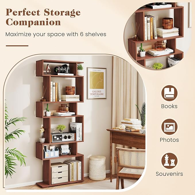 Giantex 6-Tier Geometric Bookshelf Set of 2, S-Shaped Bookcase with 2 Anti-Tipping Kits, Wooden Display Shelf, Decorative Storage Shelving Unit, Home Storage Organizer for Office Living Room, Walnut