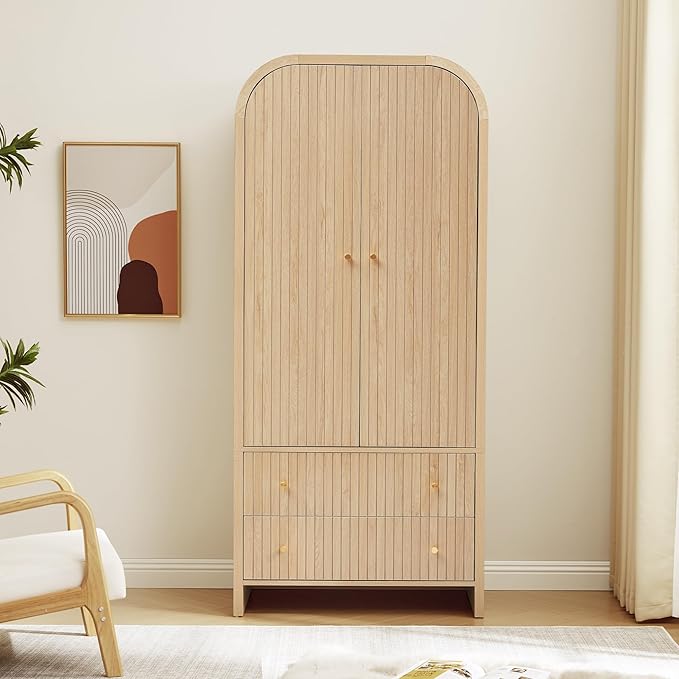 LEVNARY Arched Armoire Wardrobe Closet, Mid-Century Modern 2-Door Freestanding Wardrobe with Hanging Rod and 2 Drawers, Fluted Carved Clothing Storage Cabinet for Bedroom (Natural)