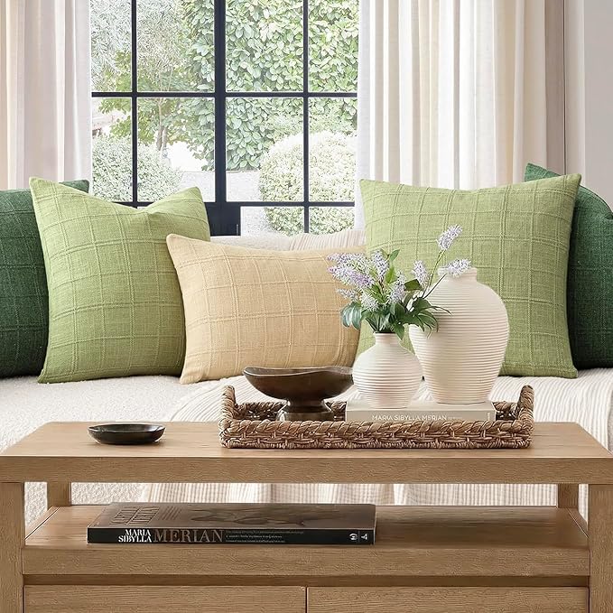 Foindtower Set of 2 Decorative Linen Check Throw Pillow Covers Neutral Farmhouse Vintage Cushion Covers Cozy Modern Boho Accent Home Decor for Sofa Chair Couch Bed Living Room,14×36 Inch,Light Green