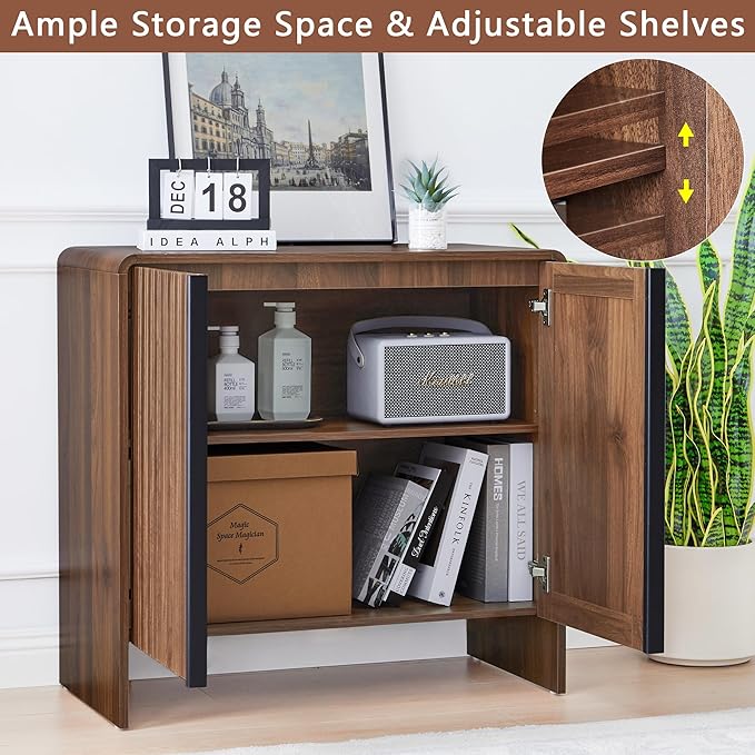 Bifins 31.5” Fluted Sideboard Buffet Cabinet with Storage,Mid Century Modern Small Wood Storage Cabinet with Arched Profile for Dining Room Kitchen Living Room (Brown 2pcs)