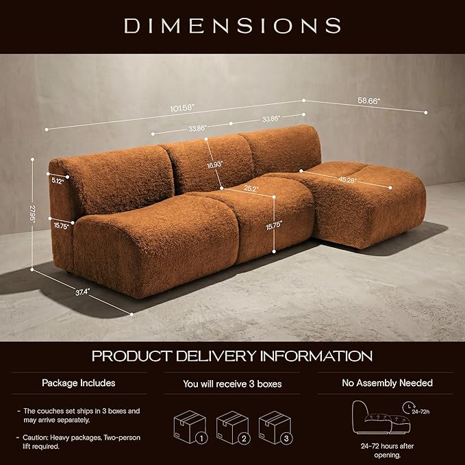 Curved Modular Single Sofa Chair, 33" Foam Boneless Sherpa Couch, Comfy Teddy sofas for Small Spaces, Modern Sectional Couches for Living Room, Bedroom, Apartment, Dorm, Office– No Assembly, Orange