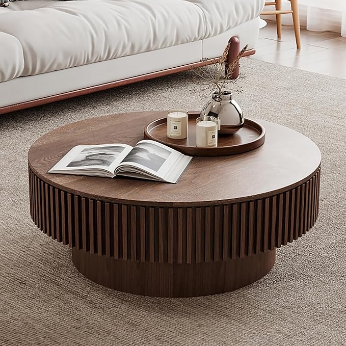 Round Coffee Table with Storage, Modern Handcraft Drum Coffee Table Wood Circle Center Table for Living Room Apartment, 31.49" Walnut