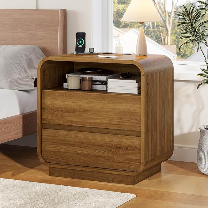 HAUOMS 25" Tall Modern Nightstand with Charging Station, 23.6" Wide Wood Bedside Table w/2 Storage Drawers, Curved Profile Design, Large Mid Century End Table for Bedroom, Living Room, Walnut