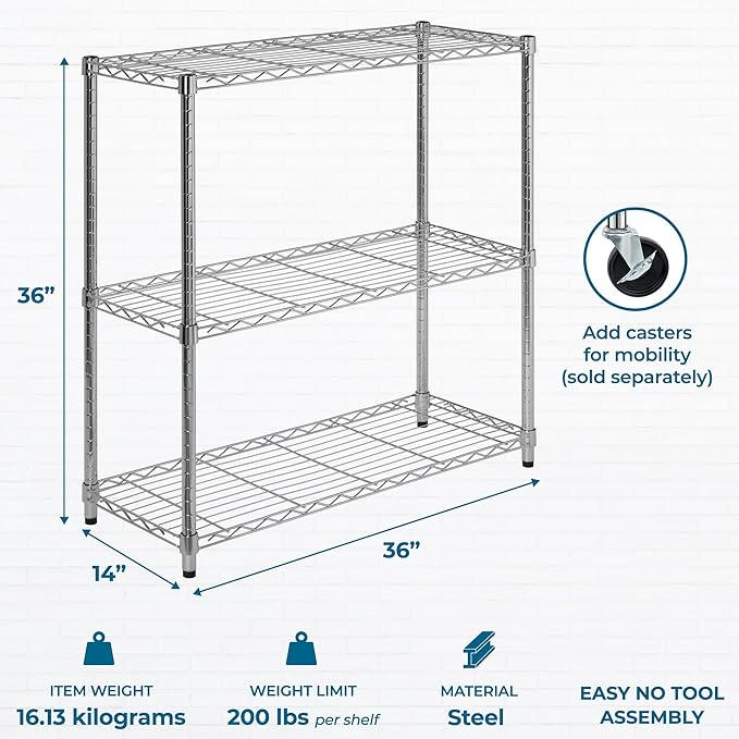Honey-Can-Do 3-Tier Heavy-Duty Adjustable Shelf Storage Unit With 200-lb Capacity, Chrome SHF-09367 Steel Shelving, Heavy Duty Shelves, Shelving Unit,