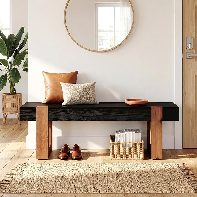55" Solid Wood Dining Bench, Farmhouse Wooden Entryway Bench, End of Bed Bench, Indoor Bench Seat for Bedroom, Dining Room, Kitchen, Hallway, Black & Brown