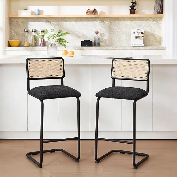 Zesthouse Rattan Bar Stools Set of 4, 30'' Upholstered Boucle Fabric Barstools with Wooden Back & Natural Cane Mesh, Mid Century Modern Bar Height Chairs with Chrome Base for Kitchen, Black Barstools