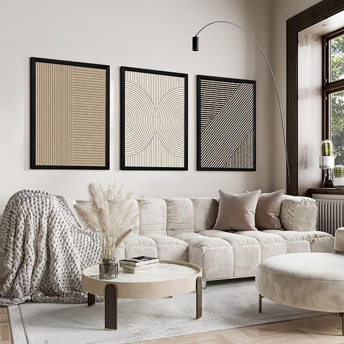 Boho Modern Wall Art Pictures Neutral Abstract Canvas Wall Decor Minimalist Line Wall Art Beige Brown Black Poster Mid Century Painting Artwork for Living Room Bedroom 16x24x3 Inch Wood Framed