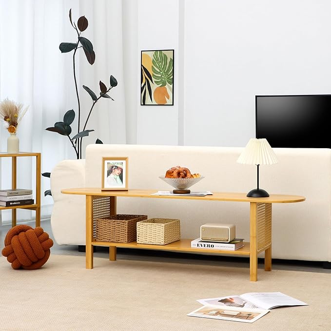 Bamboo TV Stand for TVs up to 65", Accent Entertainment Center with Storage, Media Console Table with Rattan, Modern TV Stand for Living Room, Bedroom, 55"(L), Burlywood