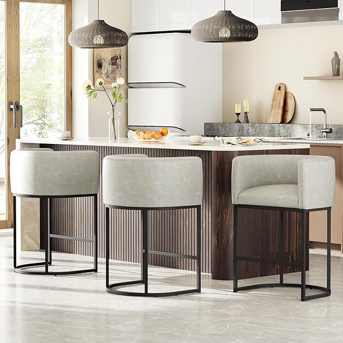26" H Counter Height Bar Stools Set of 4, Modern Barrel Counter Stools with Backrest and Arms, Faux Leather Upholstered Accent Barstools for Kitchen Island,Support 450 LBS (Grayish White)