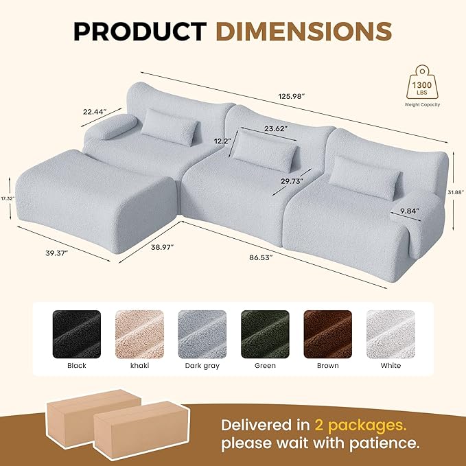 Cloud Couch Sectional, L Shaped Boneless Couches for Living Room - Oversized Modular Sofa with Deep Seats, Modern Couches with Movable Ottoman,Dark Gray