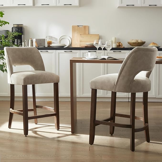 VKNOW 26" Bar Stools Set of 2, Faux Leather Counter Height Bar Stools with Backrest and Rubberwood Legs, Upholstered Barstools for Kitchen Island, Bar and Dining Room, Taupe