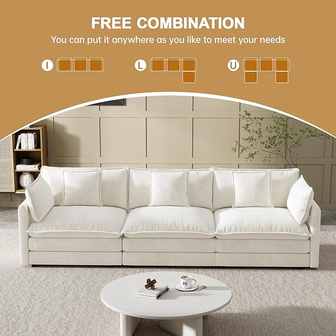 Modular Sectional Sofa, 111.5 Inch I-Shaped Cloud Sofa with Deep Seat Chenille Sofa with Cushions, Three-Self Sectional Sofa for Living Room Apartment,White