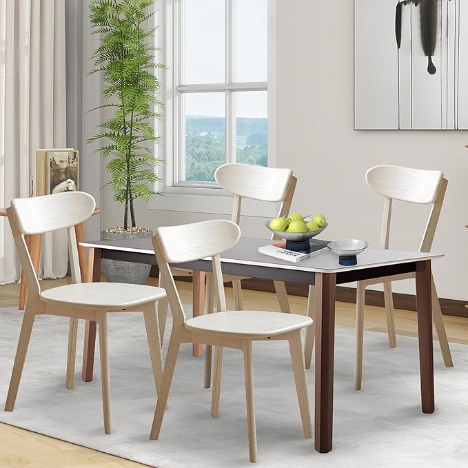 Modern Dining Chairs Set of 4, Solid Oak Wood Dining Chair with Comfortable Backrest, Sturdy Wooden Chairs for Kitchen, Dining Room, White