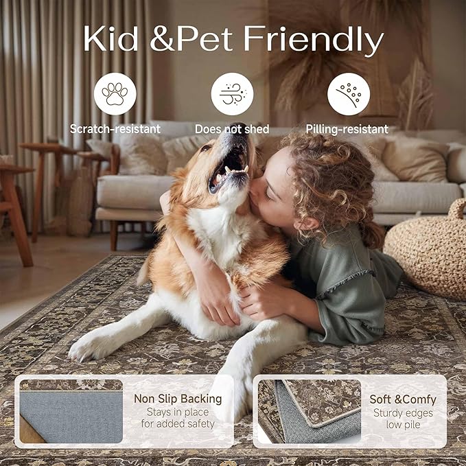 9x12 Brown Washable Vintage Area Rug for Living Room Soft Floral Non Slip Large Rug Modern Low Pile Stain Resistance Indoor Carpet Bedroom Office Playroom Office Classroom