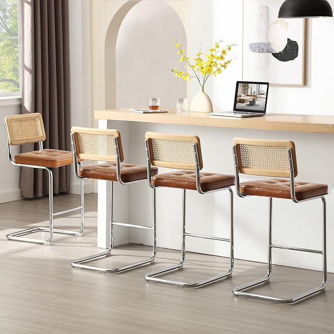Zesthouse Natural Rattan Bar Stools Set of 4, Modern Counter Height Stools with Solid Wood Back, 26'' Counter Height Chairs, Mid Century Cantilevered Bar Chairs for Kitchen Island, Faux Leather Brown