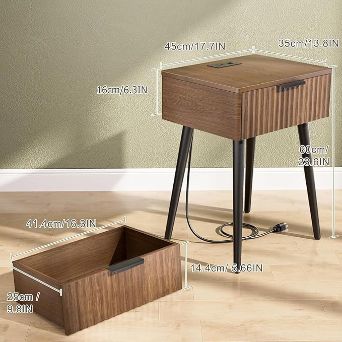 HAIOOU Set of 2 Mid Century Nightstand with Charging Station, End Table Modern Side Table One Drawer with Premium Matte Black Handle and Pine Wood Legs for Home Bedroom Living Room