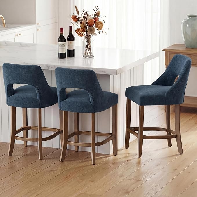 UVV Bar Stools Set of 6, Upholstered Counter Height Bar Stools, Modern Counter Stools with Wood Legs for Kitchen Island Dining Room Bar, Navy Blue