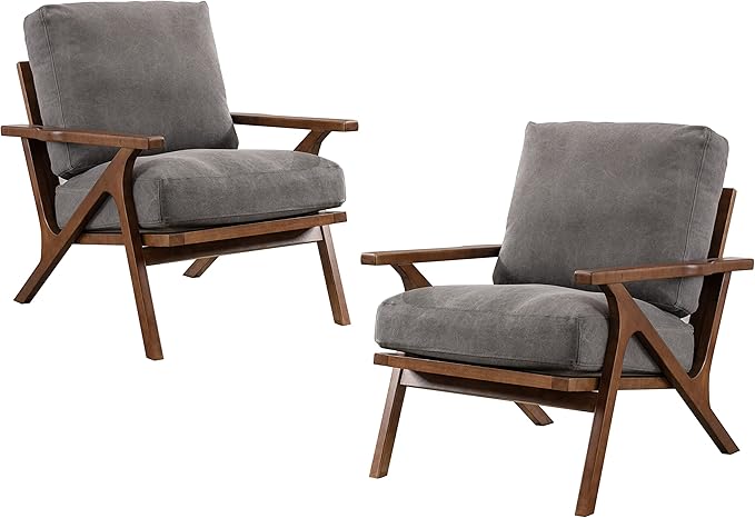 chairus Mid-Century Modern Accent Chairs Set of 2, Comfy Upholstered Lounge Armchairs with Removable Cushions & Solid Wood Frame, Reading Chairs for Living Room Bedroom Office, Grey Denim Fabric