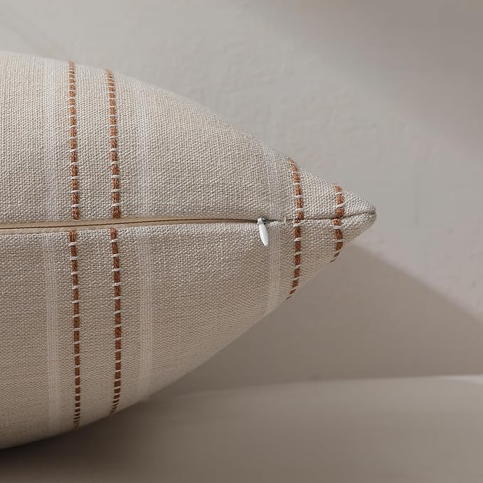 Hckot Fall Throw Pillow Covers 12x20 Set of 2 Striped Pillow Covers Textured Linen Decorative Pillows Square Cushion Covers for Sofa Couch Bed Living Room Farmhouse Decor(Caramel)