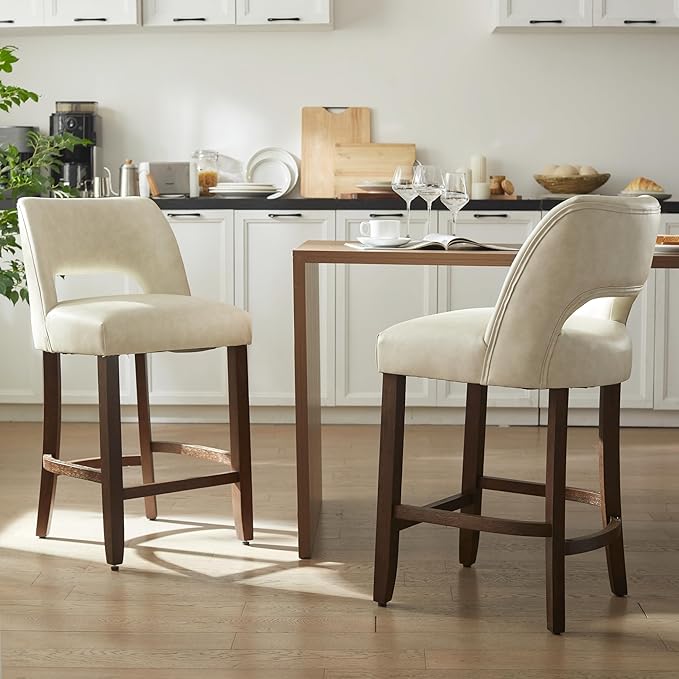 VKNOW 26" Bar Stools Set of 4, Faux Leather Counter Height Bar Stools with Backrest and Rubberwood Legs, Upholstered Barstools for Kitchen Island, Bar and Dining Room, Beige