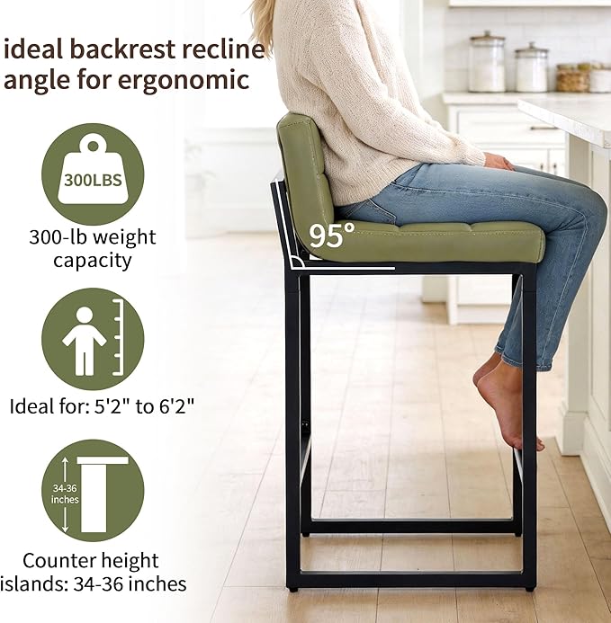 FIRAVOE Counter Height Bar Stools Set of 4, Modern Counter Stools with Back and Thickened Metal Legs, Armless Bar Chairs for Kitchen Island (Avocado Green, 4Pcs 26" Counter Stools)